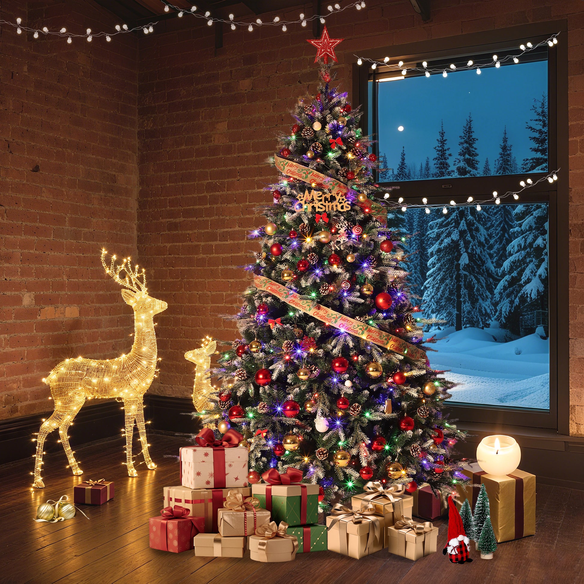 Garvee 9ft Pre-Lit Pencil Christmas Tree, Artificial Snow Flocked Hinged Fake Slim Xmas Tree with 800 Dual Color LED Lights, 2716 Branch Tips, 98 Pine Cones, for Office Home Decoration