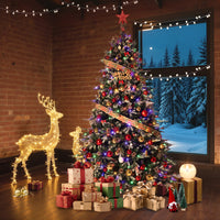 Garvee 9ft Pre-Lit Pencil Christmas Tree, Artificial Snow Flocked Hinged Fake Slim Xmas Tree with 800 Dual Color LED Lights, 2716 Branch Tips, 98 Pine Cones, for Office Home Decoration