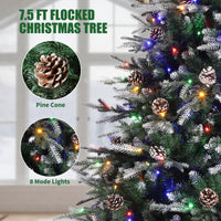 Garvee 7.5ft Pre-Lit Artificial Christmas Tree, Snow Flocked Hinged Xmas Tree with 450 Dual Color LED Lights, 1531 Tips, 81 Pine Cones, Lighted Xmas Tree for Office Home Decoration