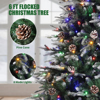 Garvee 6ft Pre-Lit Snow Flocked Christmas Tree, Artificial Hinged Xmas Tree with 300 Dual Color Incandescent Lights, 1162 Branch Tips, Natural Pinecones, Metal Stand, for Holiday Office Home Decor