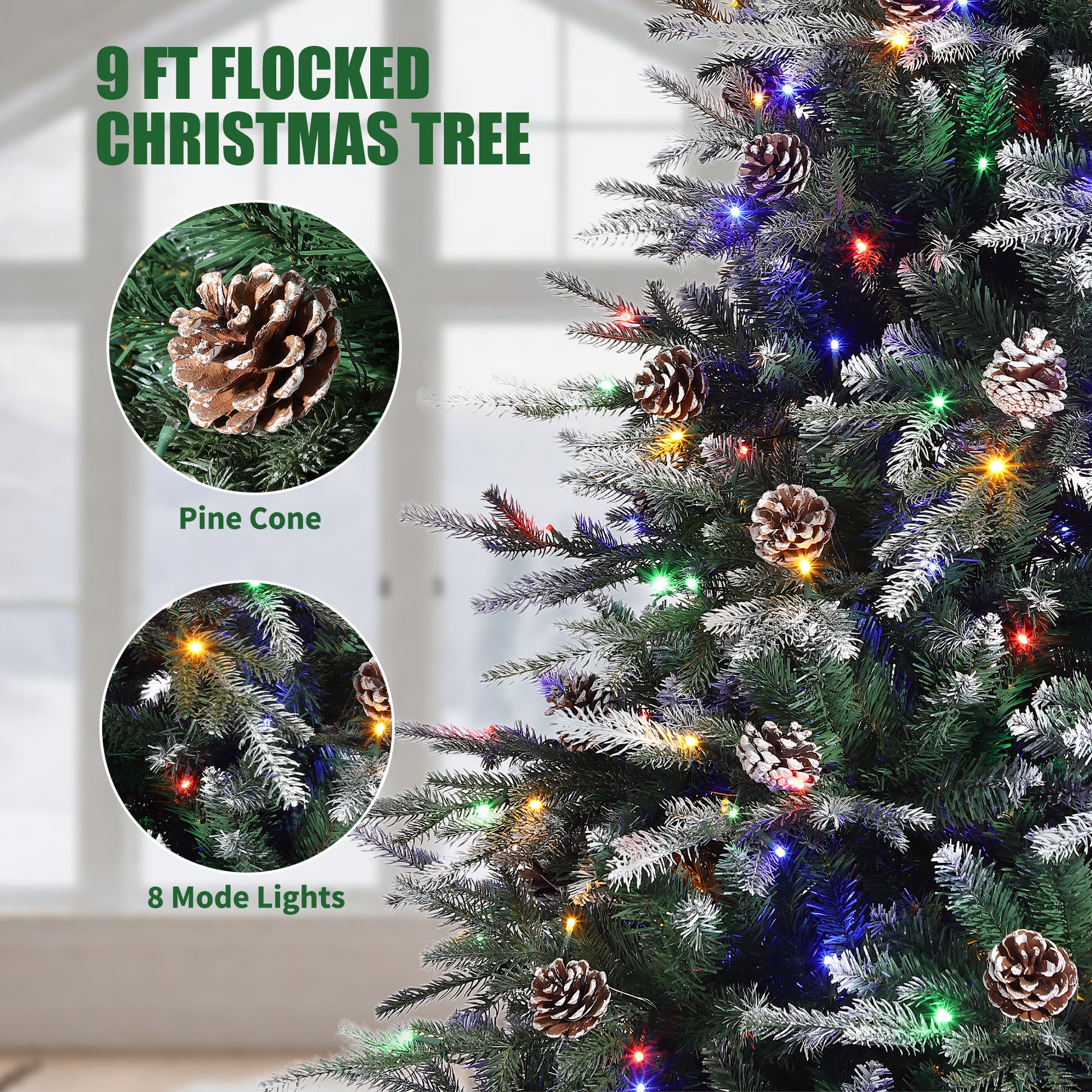 Garvee 9ft Pre-Lit Pencil Christmas Tree, Artificial Snow Flocked Hinged Fake Slim Xmas Tree with 800 Dual Color LED Lights, 2716 Branch Tips, 98 Pine Cones, for Office Home Decoration