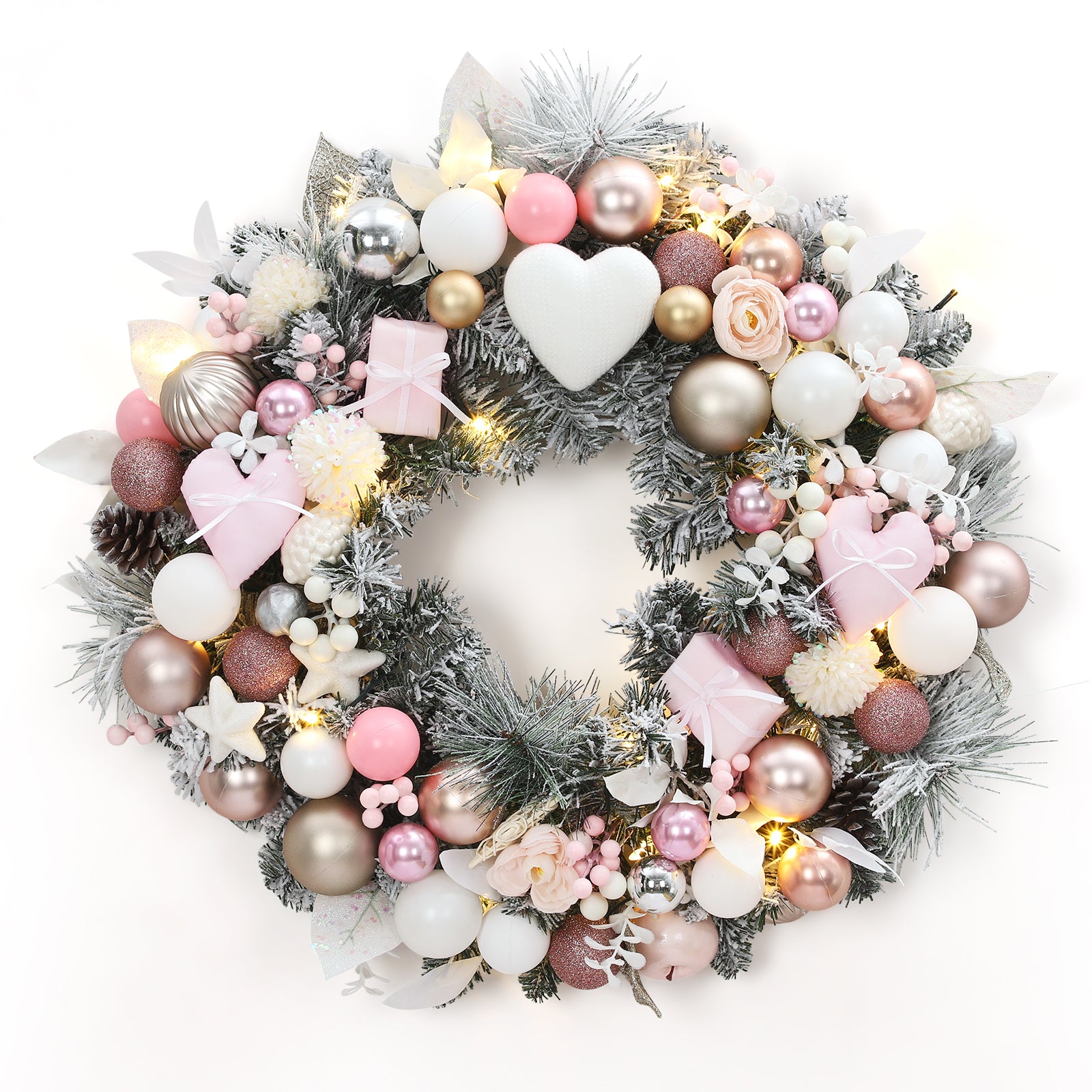 Garvee 24 Inch Prelit Christmas Wreath, Waterproof Battery Operated Light-Up Christmas Wreaths with 20 Led, Heart & Gift Box Ornaments, Xmas Decoration for Indoors Outdoors, Pink