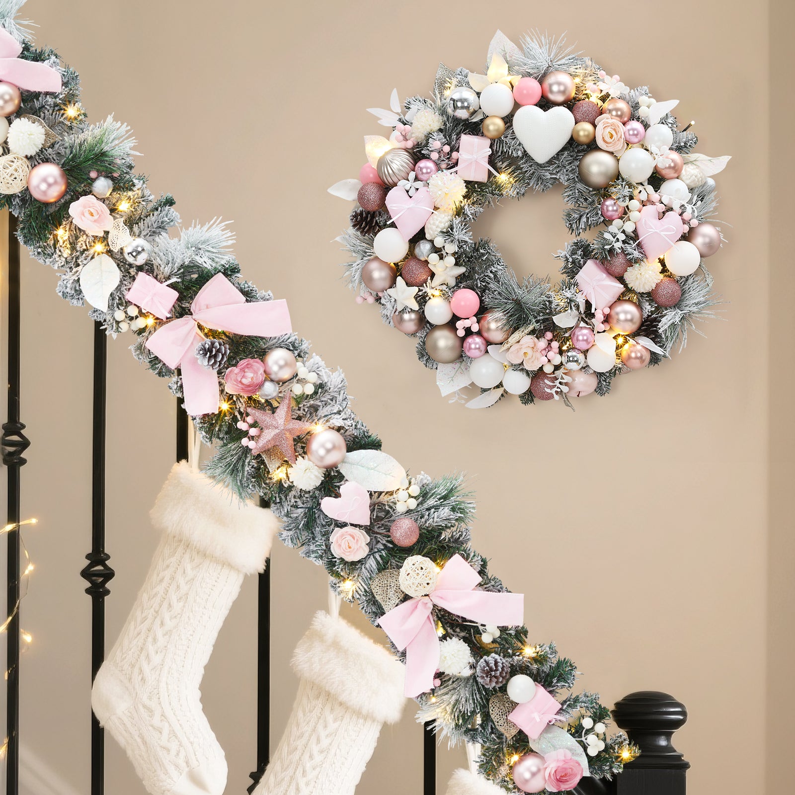 Garvee 24 Inch Prelit Christmas Wreath, Waterproof Battery Operated Light-Up Christmas Wreaths with 20 Led, Heart & Gift Box Ornaments, Xmas Decoration for Indoors Outdoors, Pink