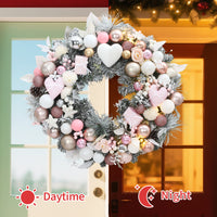 Garvee 24 Inch Prelit Christmas Wreath, Waterproof Battery Operated Light-Up Christmas Wreaths with 20 Led, Heart & Gift Box Ornaments, Xmas Decoration for Indoors Outdoors, Pink