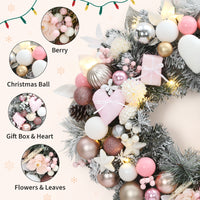 Garvee 24 Inch Prelit Christmas Wreath, Waterproof Battery Operated Light-Up Christmas Wreaths with 20 Led, Heart & Gift Box Ornaments, Xmas Decoration for Indoors Outdoors, Pink