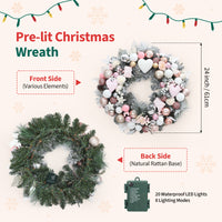 Garvee 24 Inch Prelit Christmas Wreath, Waterproof Battery Operated Light-Up Christmas Wreaths with 20 Led, Heart & Gift Box Ornaments, Xmas Decoration for Indoors Outdoors, Pink