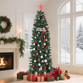 Garvee 12ft Christmas Tree, Prelit Artificial Pencil Xmas Tree with Dual-color LED Lights, Easy Assemble, Xmas Decor for Home Party Office Mall Holiday