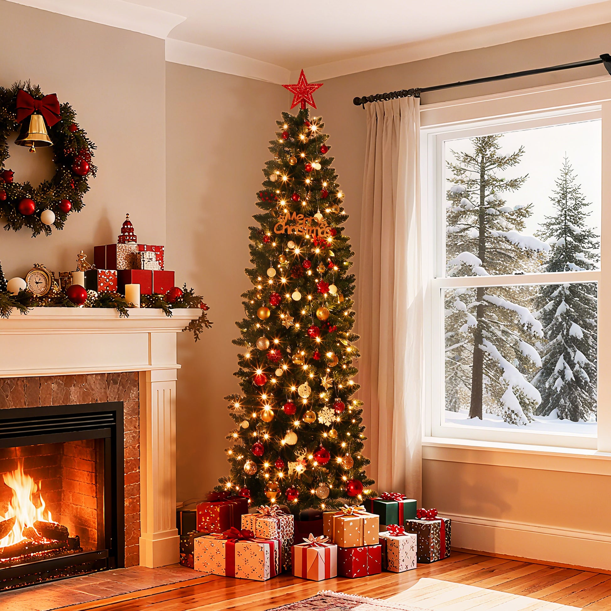 Garvee 6ft Christmas Tree, Prelit Artificial Pencil Xmas Tree with Dual-color LED Lights, Easy Assemble, Xmas Decor for Home Party Office Mall Holiday