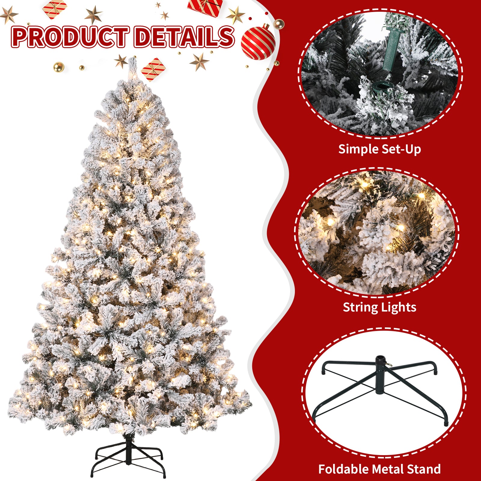 Garvee 6FT Pre-Lit Artificial Christmas Tree, 200 Warm White Led Lights, Snow Flocked Full Prelighted Xmas Tree for Home Office, 836 Branch Tips, Foldable Stand, Easy Assembly