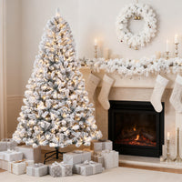Garvee 6FT Pre-Lit Artificial Christmas Tree, 200 Warm White Led Lights, Snow Flocked Full Prelighted Xmas Tree for Home Office, 836 Branch Tips, Foldable Stand, Easy Assembly
