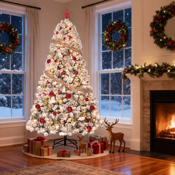 Garvee 6FT Pre-Lit Artificial Christmas Tree, 200 Warm White Led Lights, Snow Flocked Full Prelighted Xmas Tree for Home Office, 836 Branch Tips, Foldable Stand, Easy Assembly