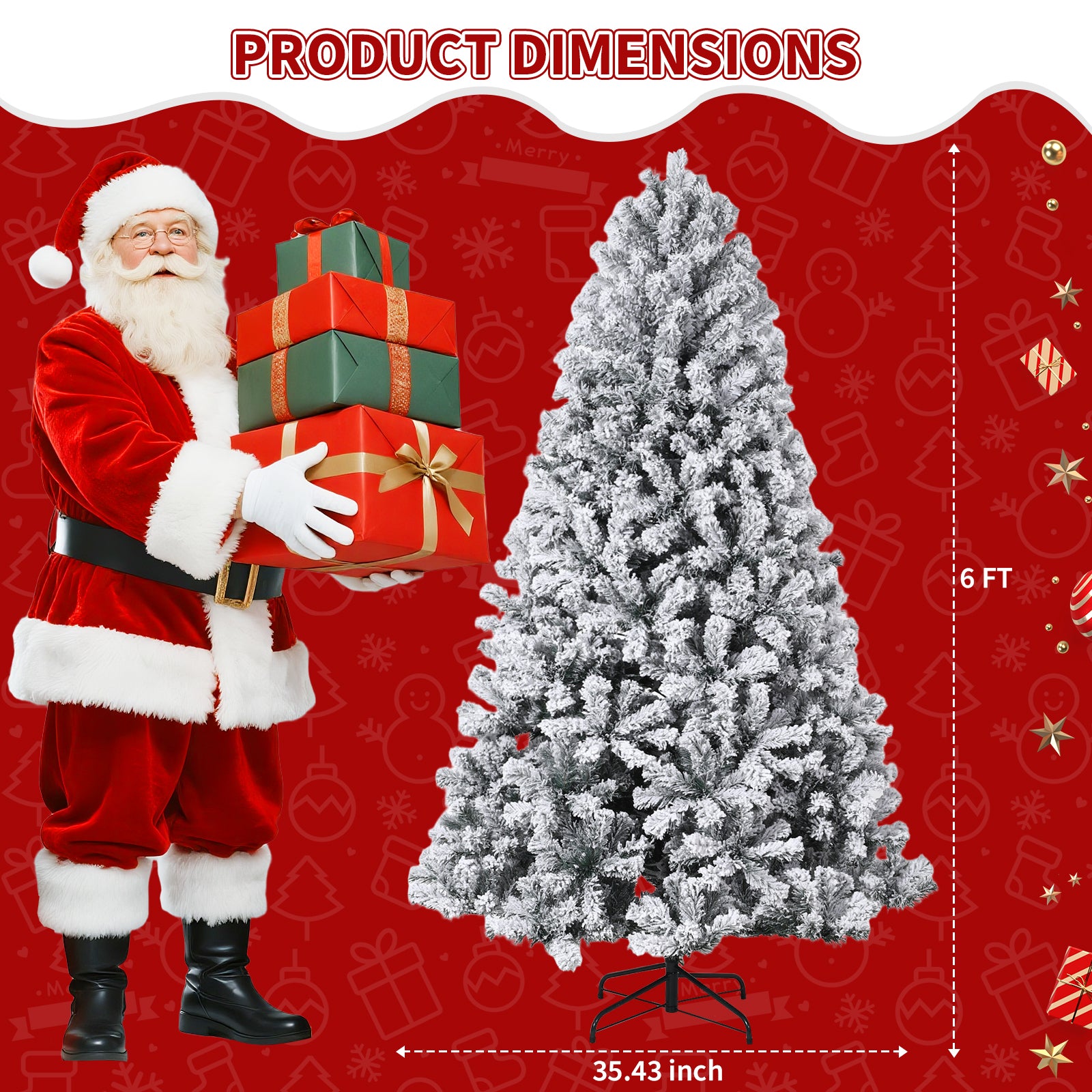 Garvee 6FT Pre-Lit Artificial Christmas Tree, 200 Warm White Led Lights, Snow Flocked Full Prelighted Xmas Tree for Home Office, 836 Branch Tips, Foldable Stand, Easy Assembly