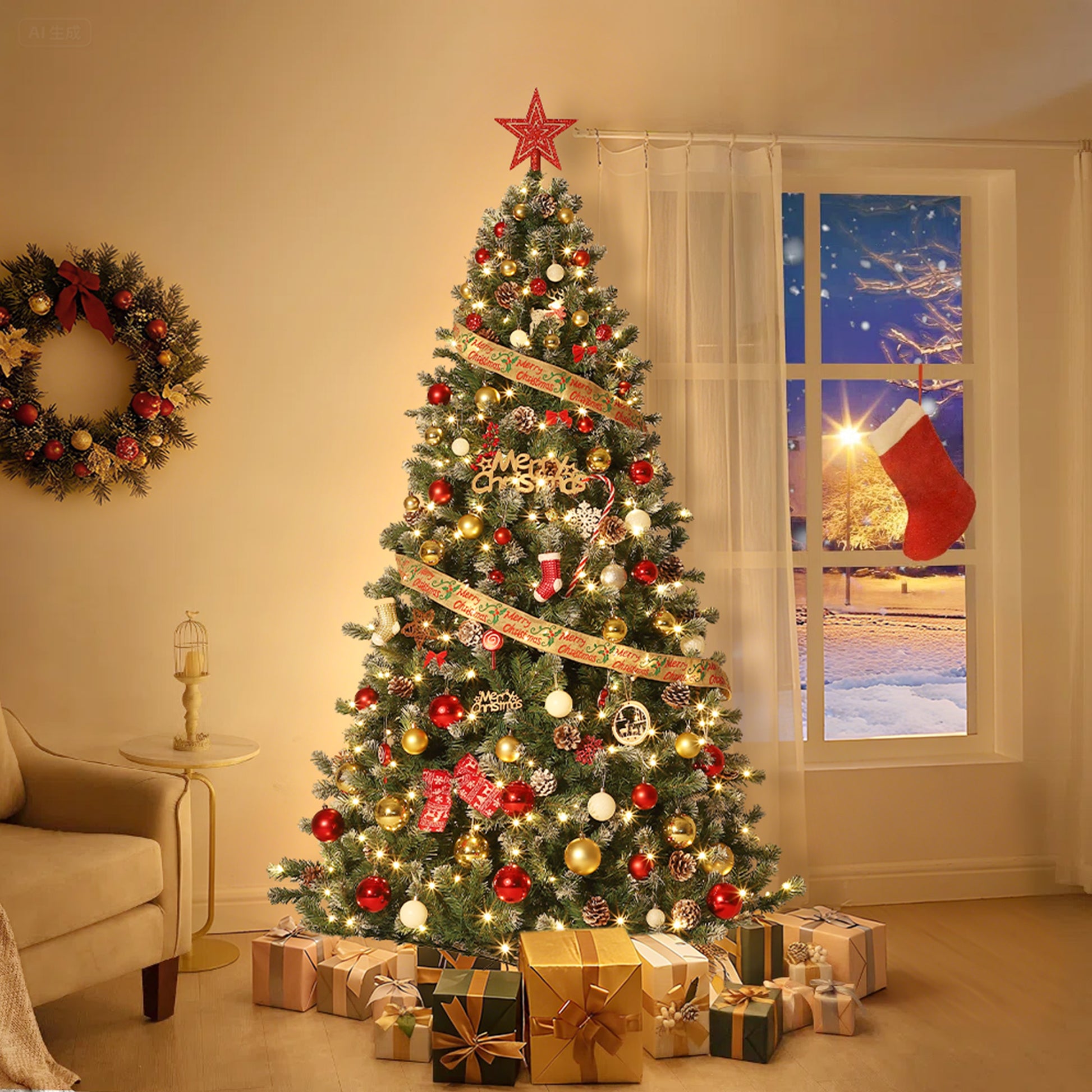 Garvee 9ft Artificial Christmas Tree with 2136 PVC Branch Tips, Snow-Frosted Pinecones, Metal Hinged Base, Sturdy & Realistic, Ideal for Home & Office Decor