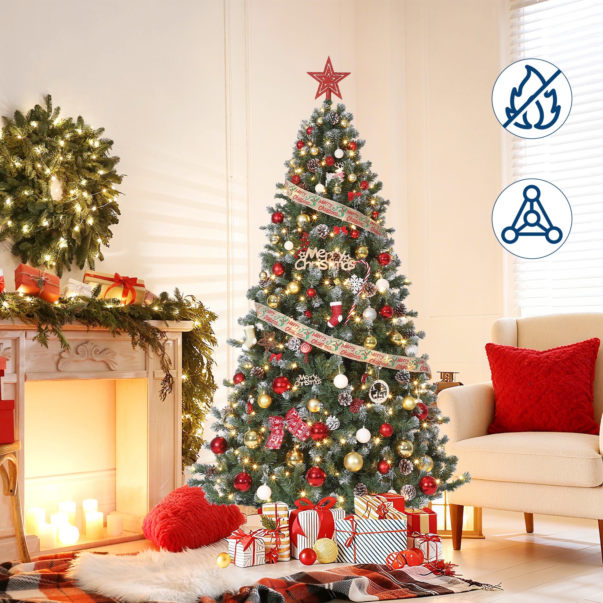 Garvee 4.5ft Pre-Lit Christmas Tree with 359 Tips, Snow Flocked PVC Branches, Metal Stand, White Pine Cones, Full Artificial Holiday Décor for Home & Office