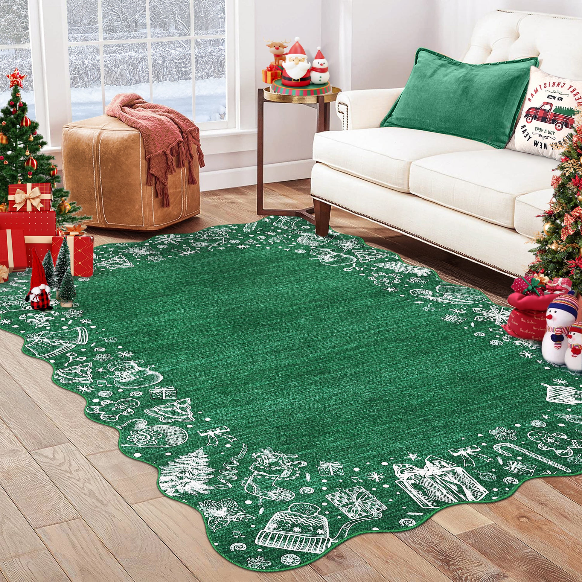 Garvee Christmas Area Rug Washable Scalloped Bedroom Carpet with Non-Slip Backing, Non-Shedding Low Pile Indoor Floor Carpet, Foldable Accent Rug for Living Room, Nursery