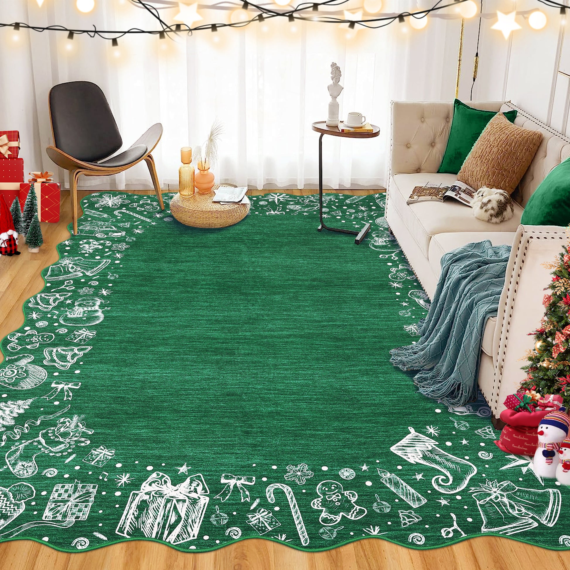 Garvee Christmas Area Rug Washable Scalloped Bedroom Carpet with Non-Slip Backing, Non-Shedding Low Pile Indoor Floor Carpet, Foldable Accent Rug for Living Room, Nursery