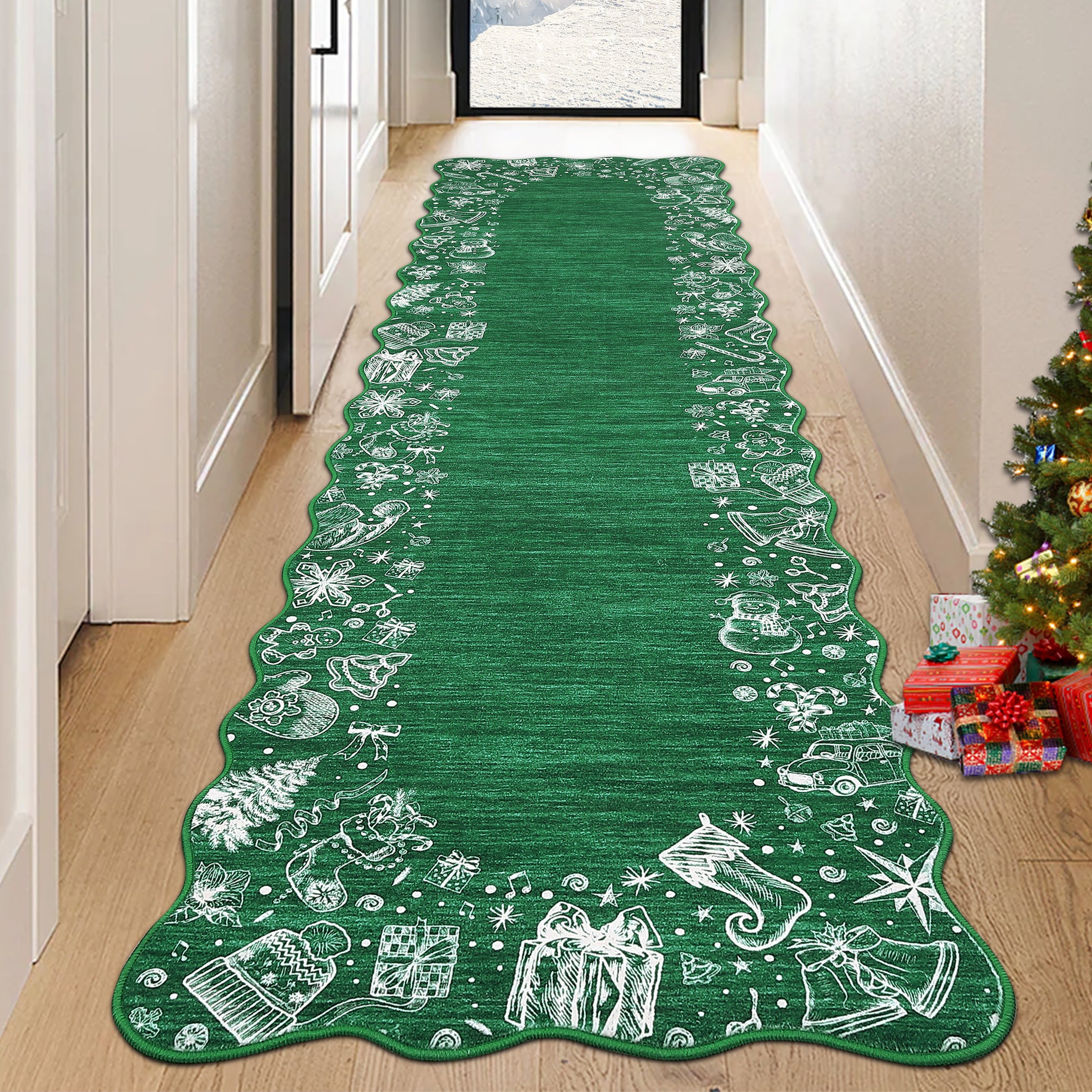 Garvee Christmas Area Rug Washable Scalloped Bedroom Carpet with Non-Slip Backing, Non-Shedding Low Pile Indoor Floor Carpet, Foldable Accent Rug for Living Room, Nursery