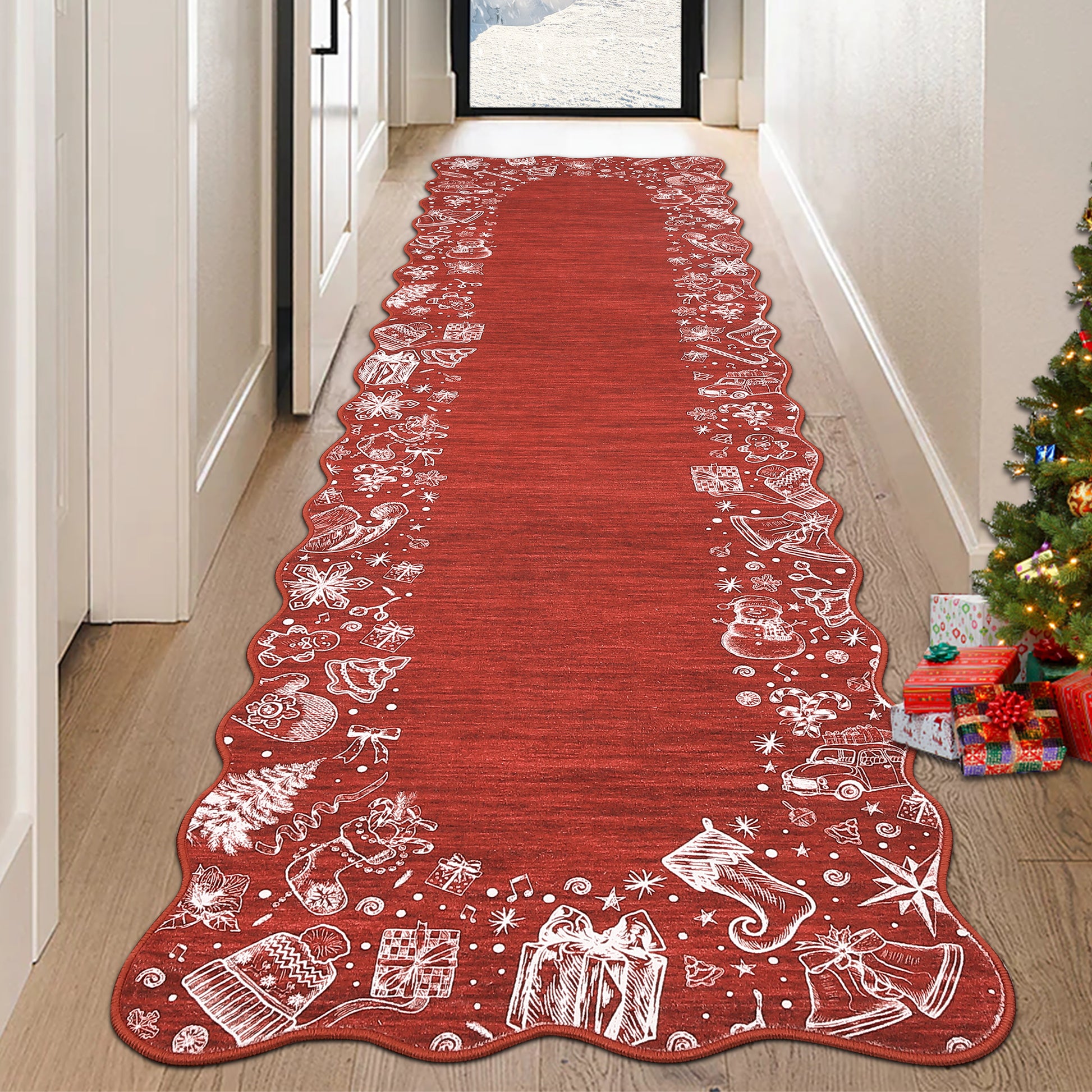 Garvee Christmas Area Rug Washable Scalloped Bedroom Carpet with Non-Slip Backing, Non-Shedding Low Pile Indoor Floor Carpet, Foldable Accent Rug for Living Room, Nursery
