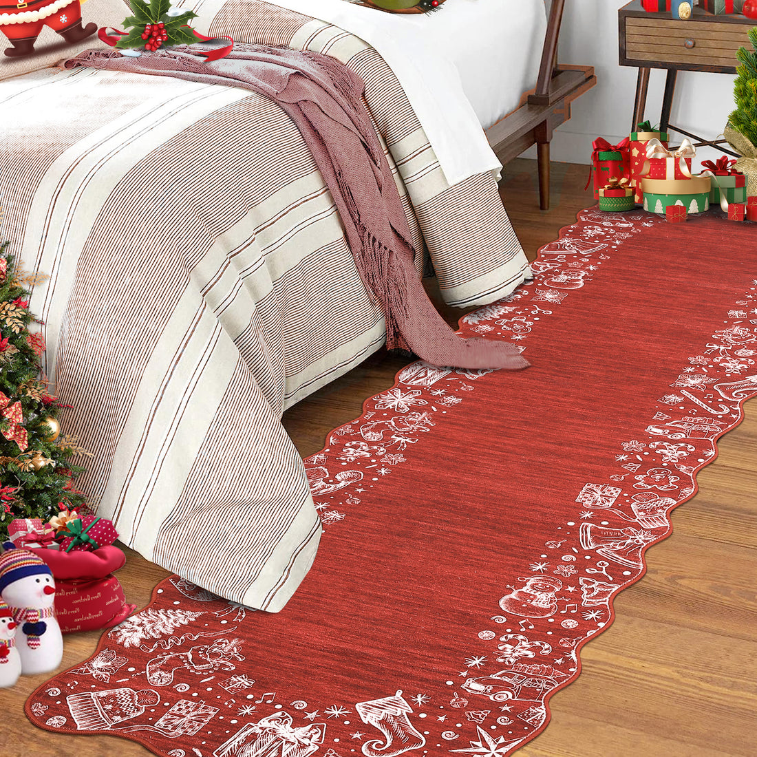 Garvee Christmas Area Rug Washable Scalloped Bedroom Carpet with Non-Slip Backing, Non-Shedding Low Pile Indoor Floor Carpet, Foldable Accent Rug for Living Room, Nursery