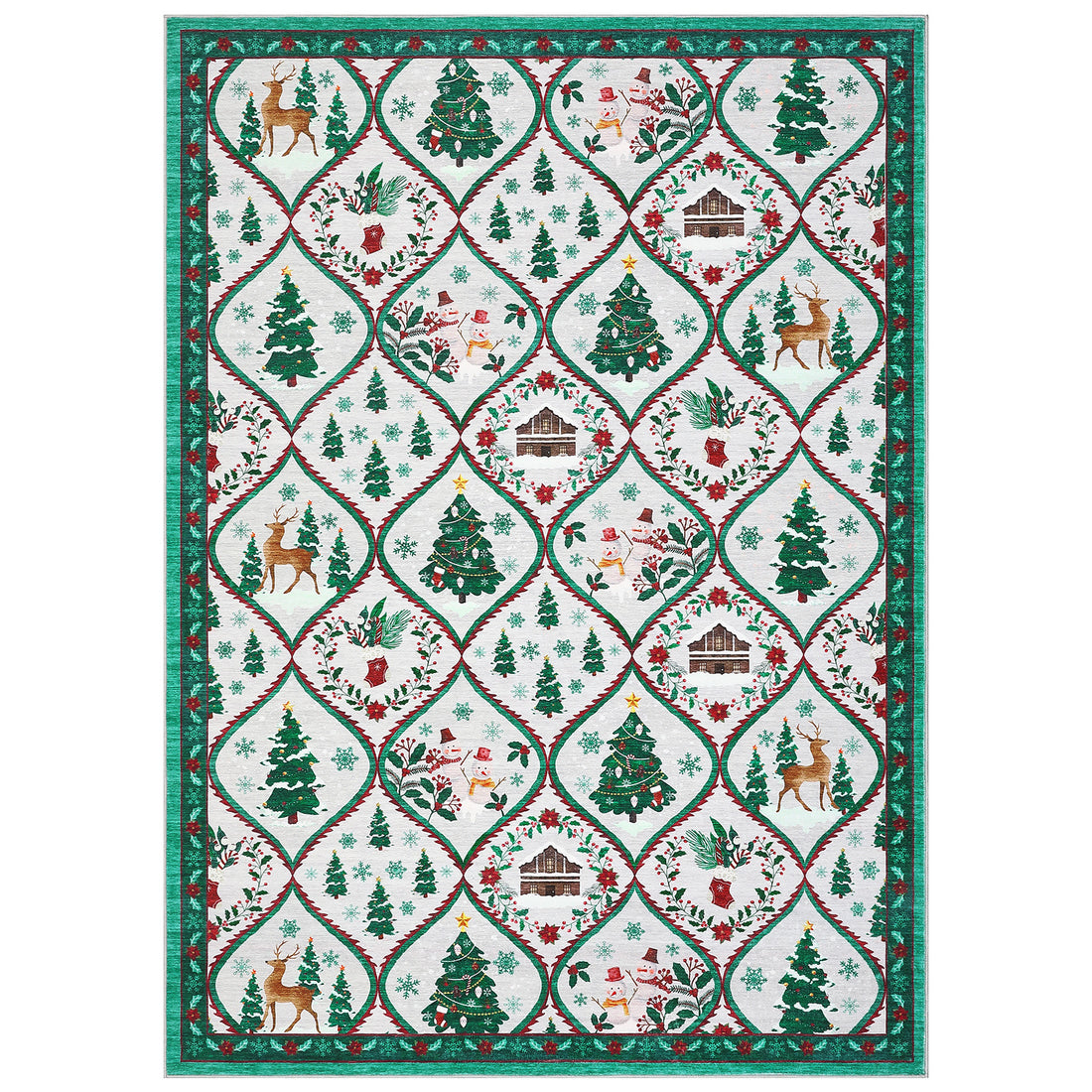 Garvee Christmas Washable Area Rug 8x10 Non-Slip Low Pile Faux Wool Durable Stain Resistant Beige Green Living Room Bedroom