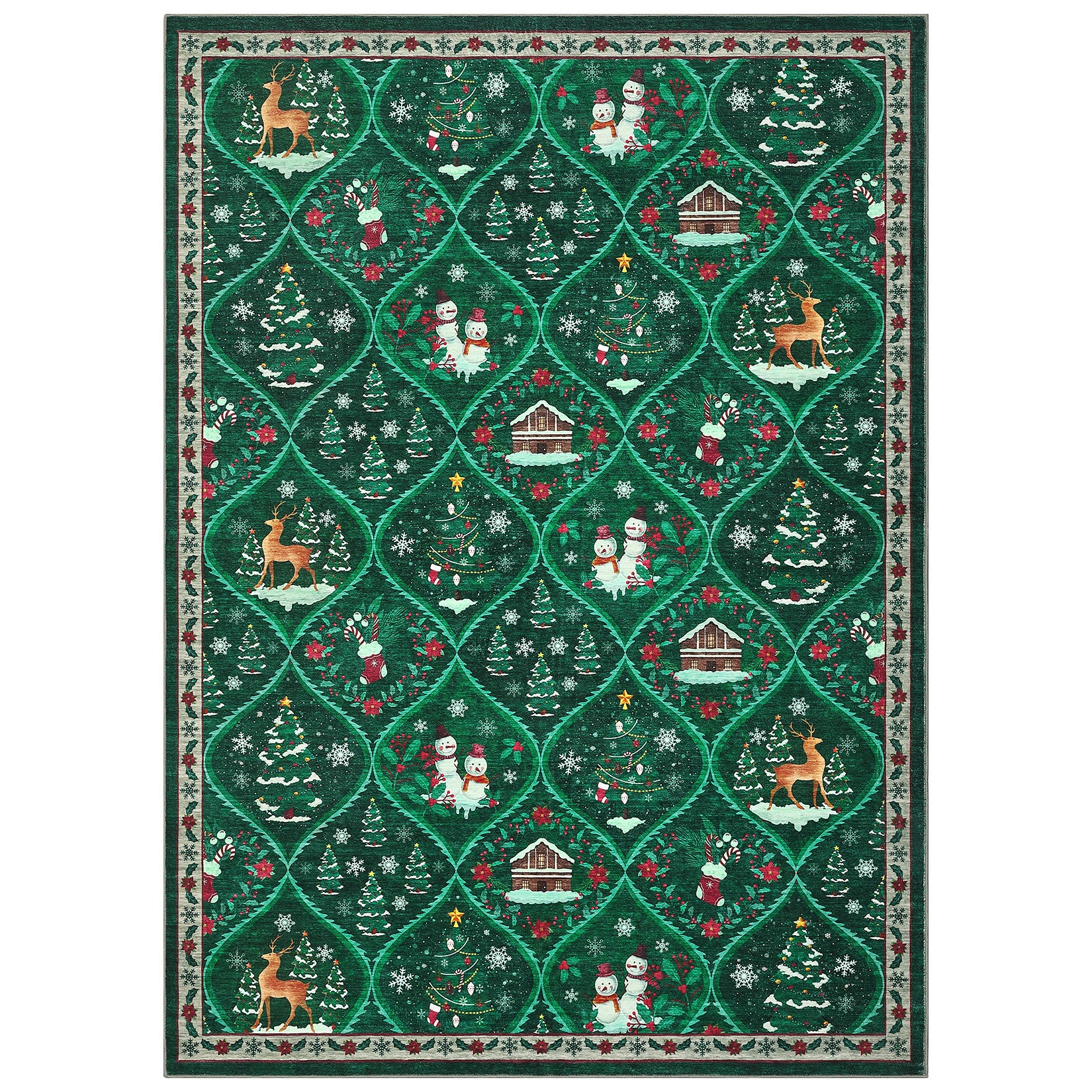 Garvee Christmas Area Rug 9x12 Green Festive Design Non-Slip Washable Polyester Low Pile Soft Durable Living Room Bedroom