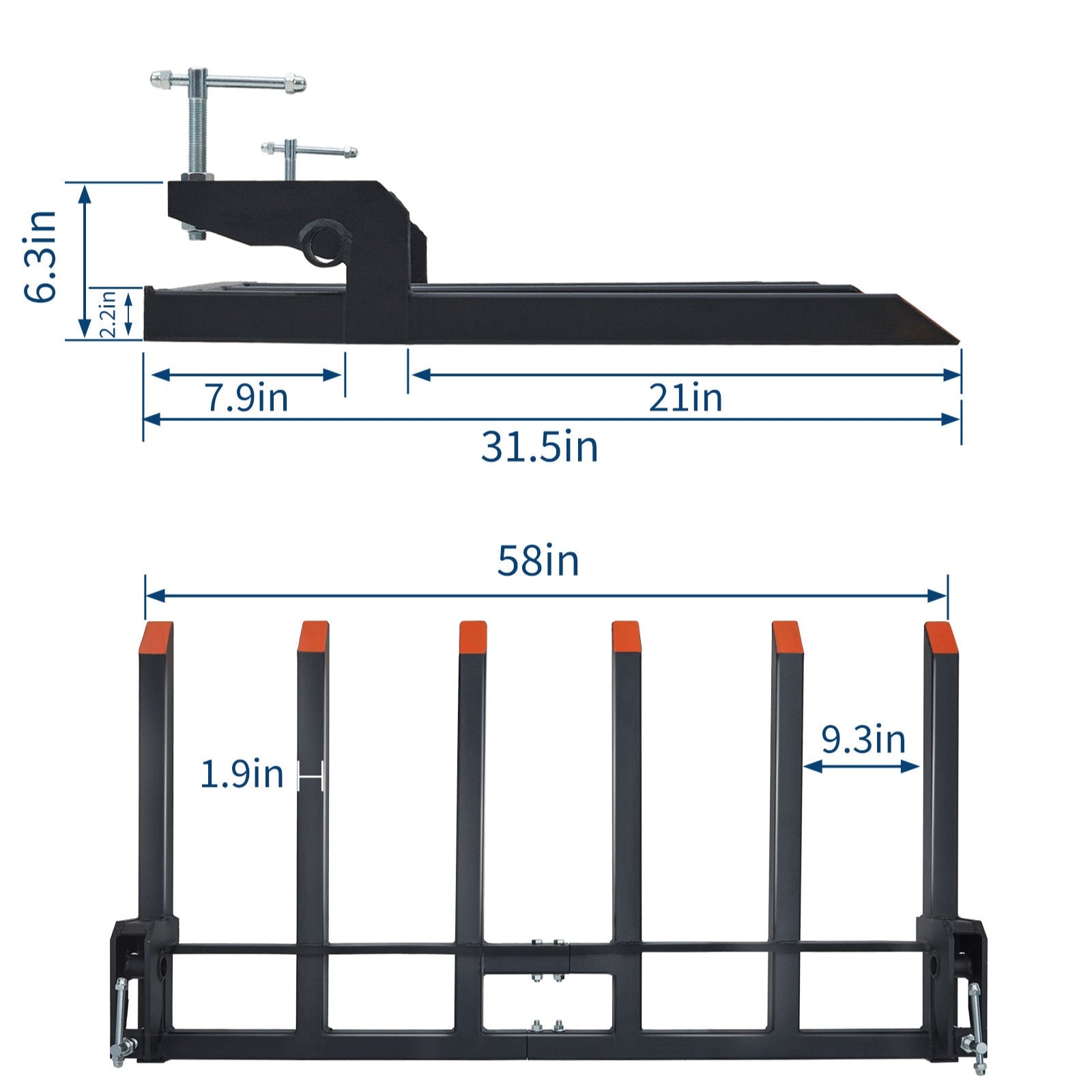 Garvee Heavy Duty Clamp On Debris Forks for 60" Tractor Bucket, 4400 LB Capacity, Quick Attach 6 Tines Pallet Forks, Rust Resistant for Farm, Warehouse, Black