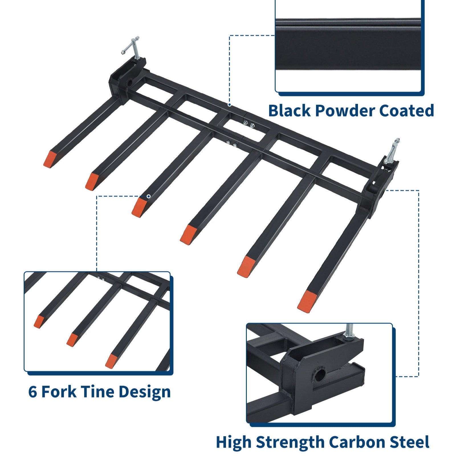 Garvee Heavy Duty Clamp On Debris Forks for 60" Tractor Bucket, 4400 LB Capacity, Quick Attach 6 Tines Pallet Forks, Rust Resistant for Farm, Warehouse, Black