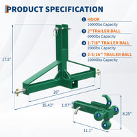 Garvee 3 Point Trailer Hitch 2" Receiver Towing Ball 10,000Lb Capacity Powder-Coated Steel Quick Hitch Compatible Category 1 Tractors Heavy Duty Industrial Use