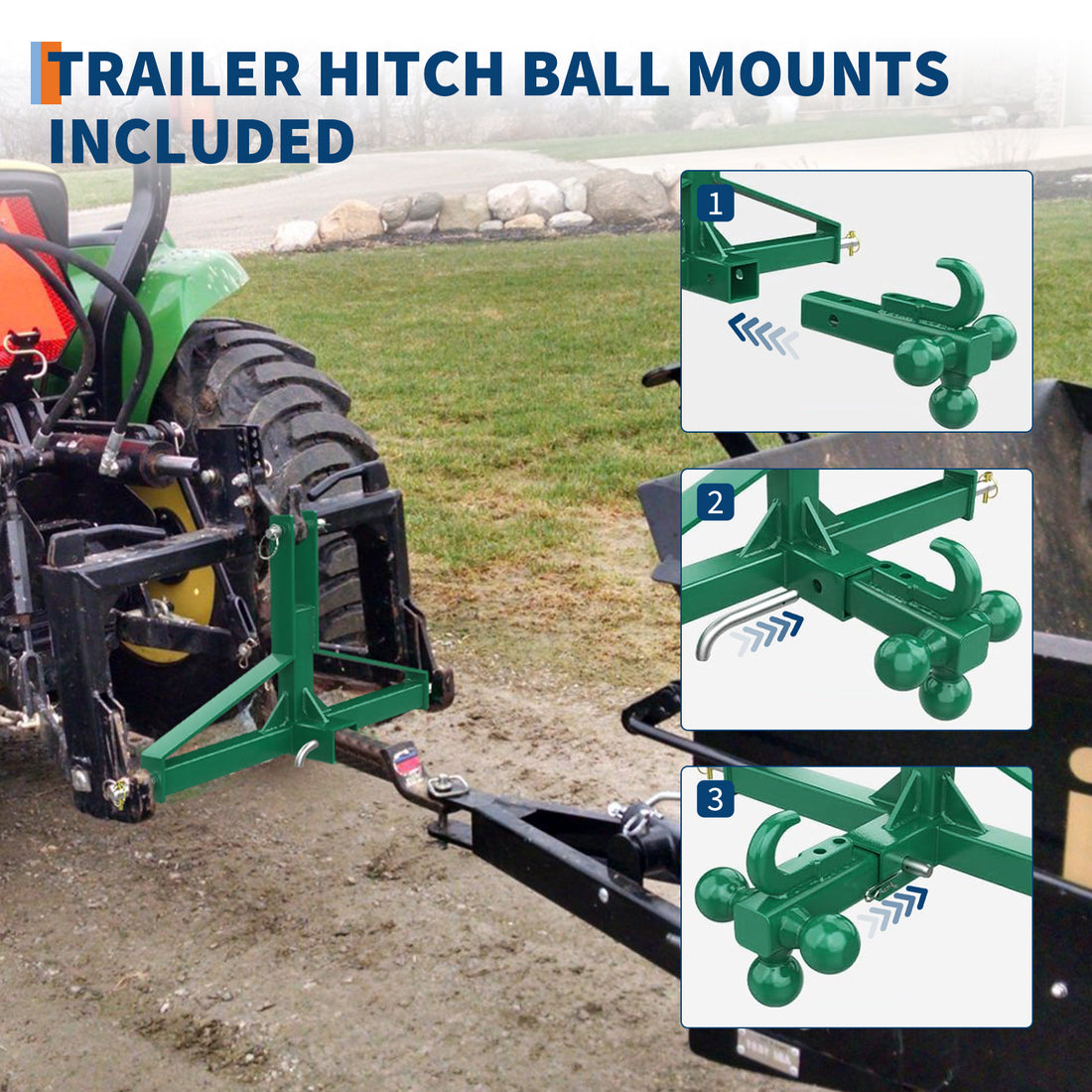 Garvee 3 Point Trailer Hitch 2" Receiver Towing Ball 10,000Lb Capacity Powder-Coated Steel Quick Hitch Compatible Category 1 Tractors Heavy Duty Industrial Use