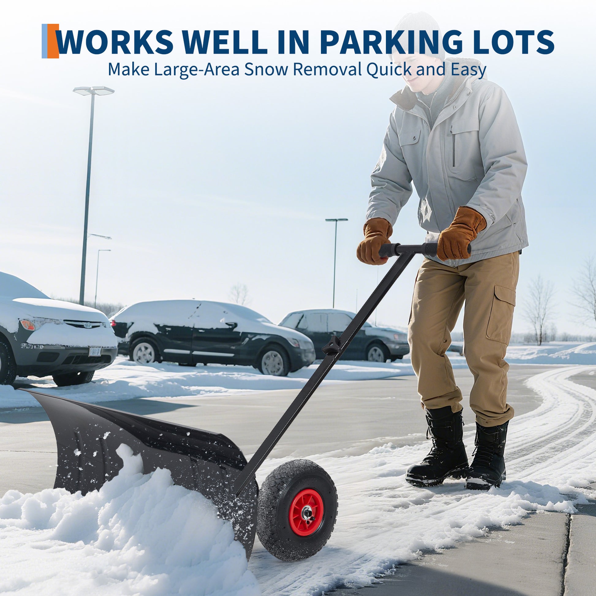Garvee 29" Snow Shovel with Wheels Heavy Duty Push Snow Plow Shovel, Adjustable Handle, Angled Blade, Efficient Snow Removal for Pavement
