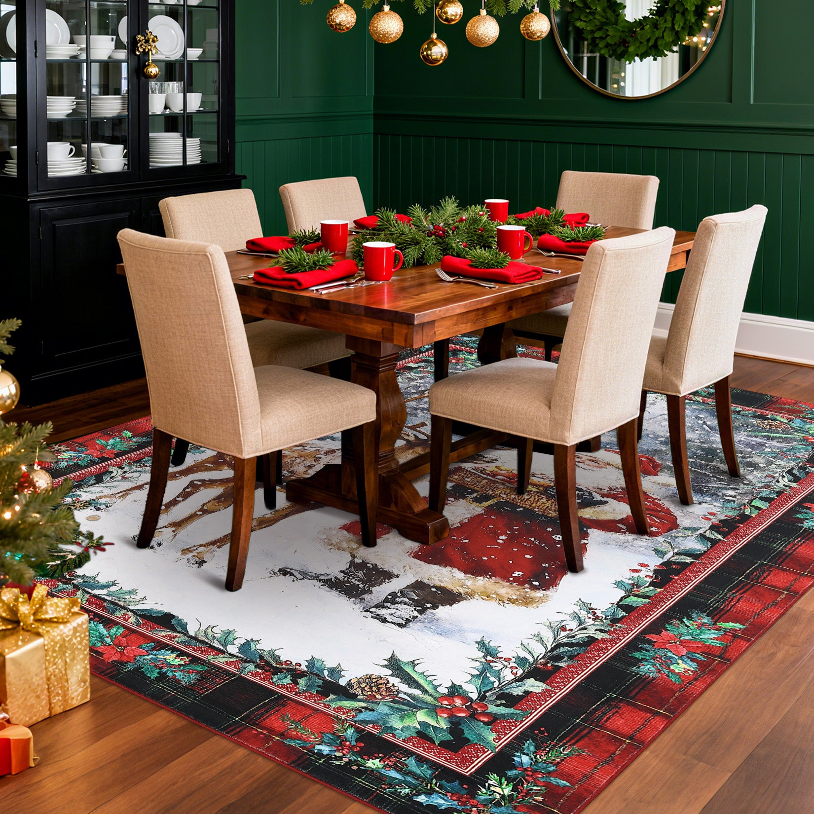 Garvee Christmas Kitchen Rugs and Mats Santa Claus Elk Non Slip Rugs Christmas Floor Mats for Kitchen Home Hallway Holiday Decor Red 8*10Ft