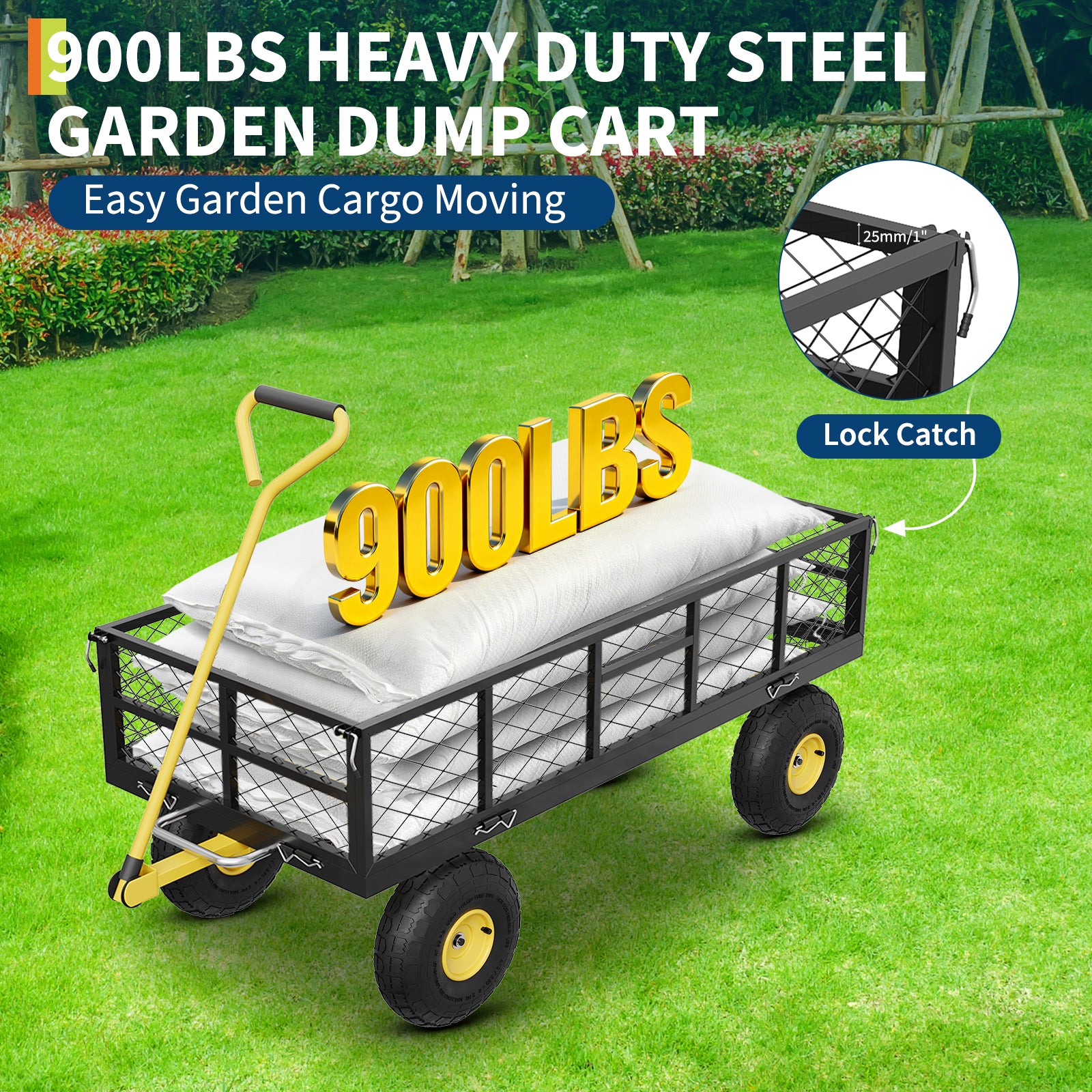 Garvee Garden Dump Cart Heavy Duty Steel 900 LBS Load Capacity Quick-Release Dumping Removable Sidewalls 10" Pneumatic Tires 180° Swivel Handle Yard Farm Utility