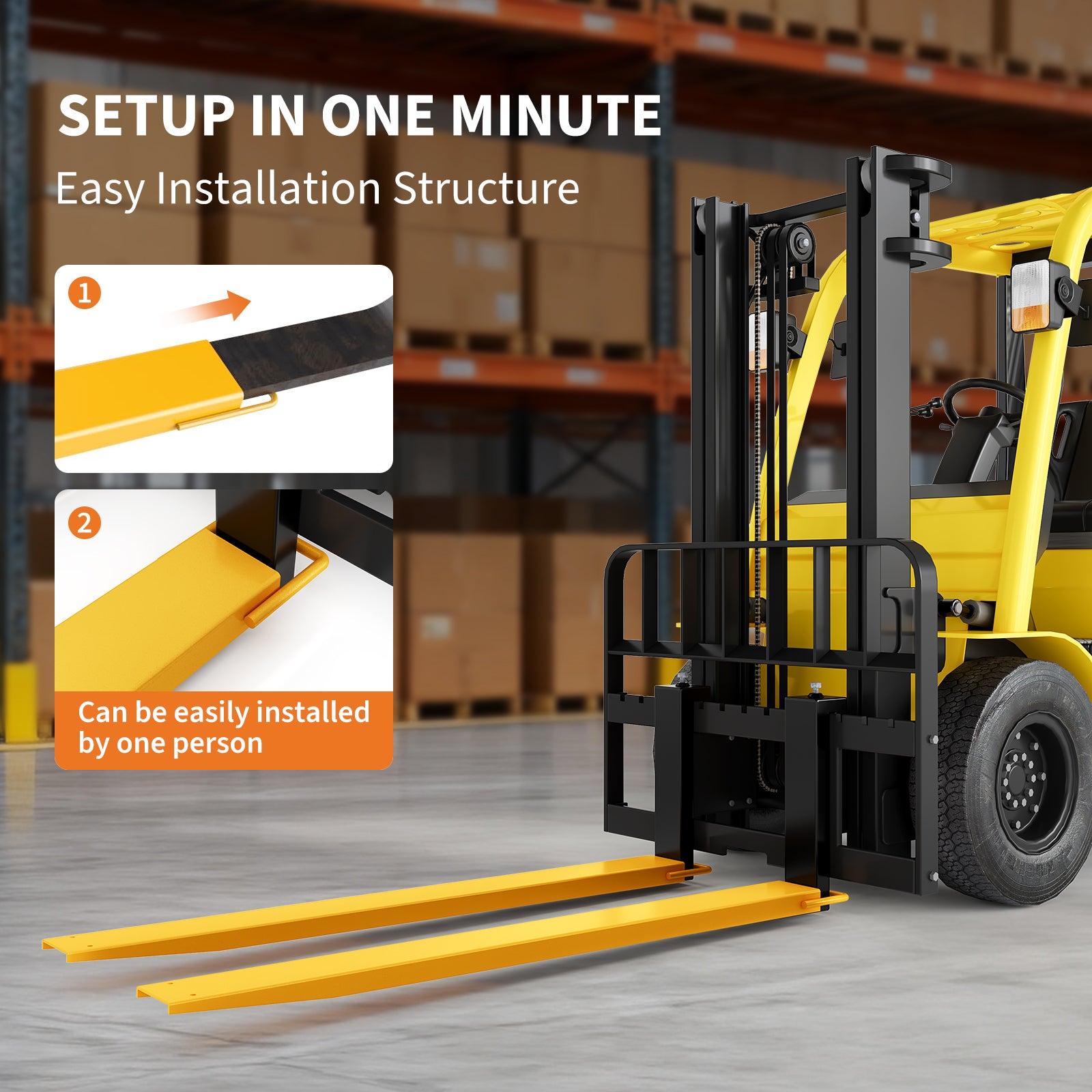 Garvee 72 Inch Forklift Fork Extensions 5mm Steel Heavy-Duty, Tool-Free Installation, Steel Strap Safety, Yellow, 4.5 Inch Inner Width, Warehouse Use