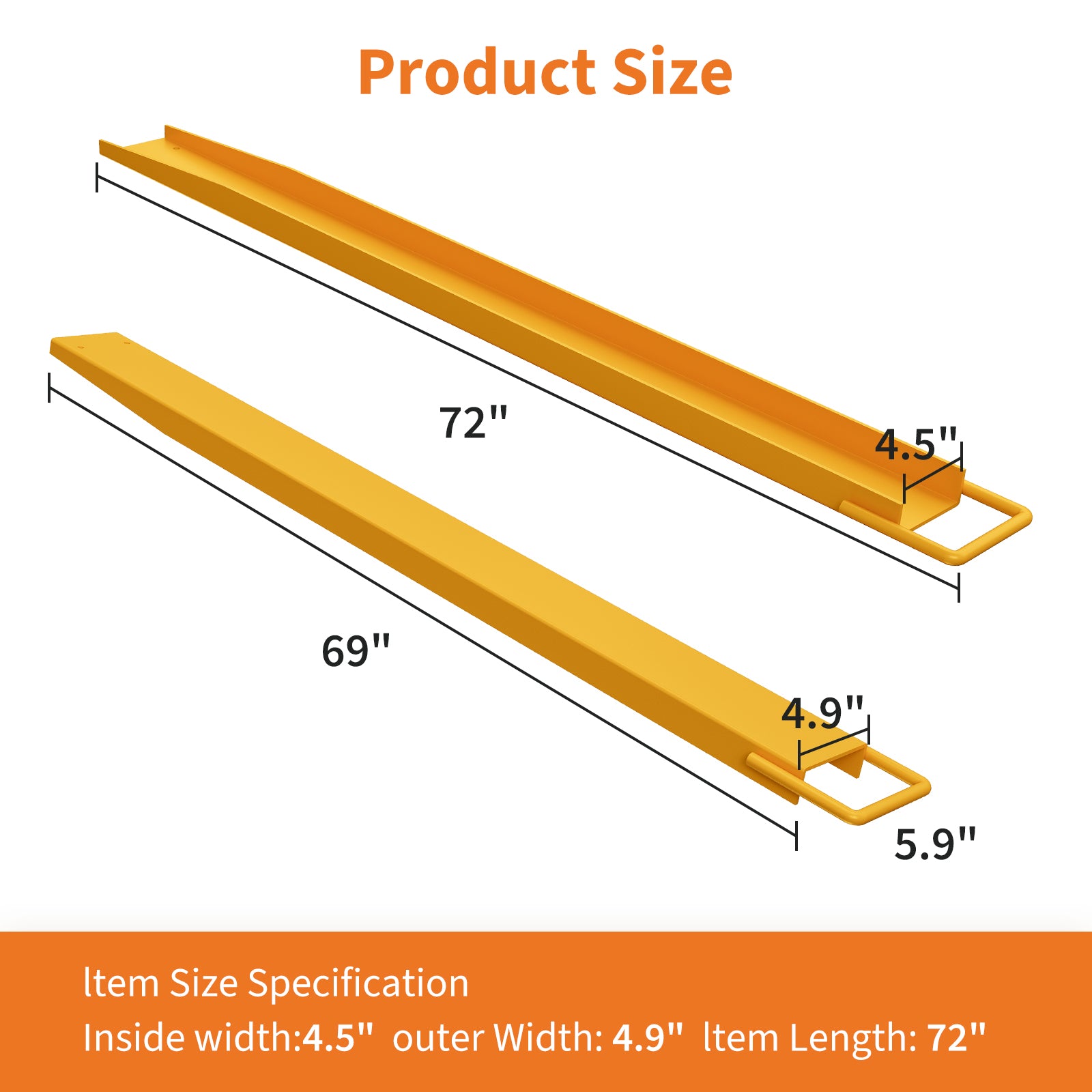 Garvee 72 Inch Forklift Fork Extensions 5mm Steel Heavy-Duty, Tool-Free Installation, Steel Strap Safety, Yellow, 4.5 Inch Inner Width, Warehouse Use