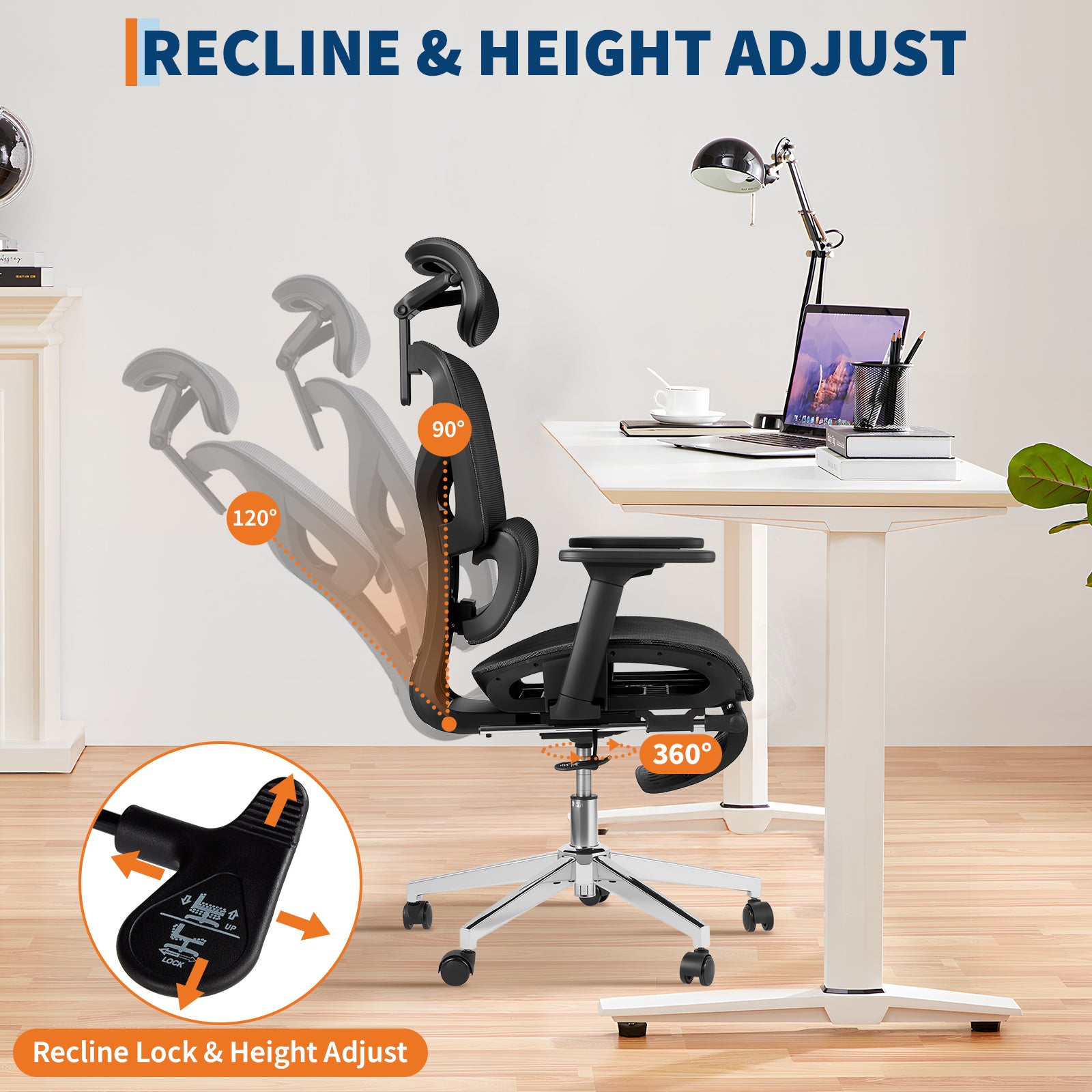 Garvee Ergonomic Office Chair - Mesh Back, Retractable Footrest, Adjustable 3D/4D Armrests, High Back Lumbar Support, Headrest, 145° Recline, Breathable Fabric, Rolling Wheels - Black