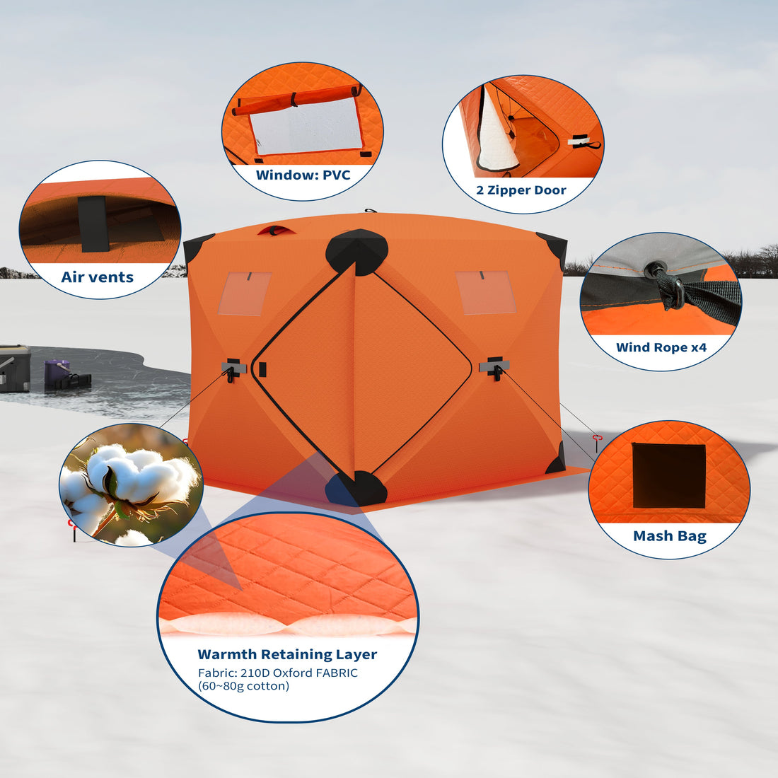 Garvee Ice Fishing Tent Pop-Up Hub-Style Insulated Shelter Large 3-4 Person Durable Lightweight Orange for Winter Fishing