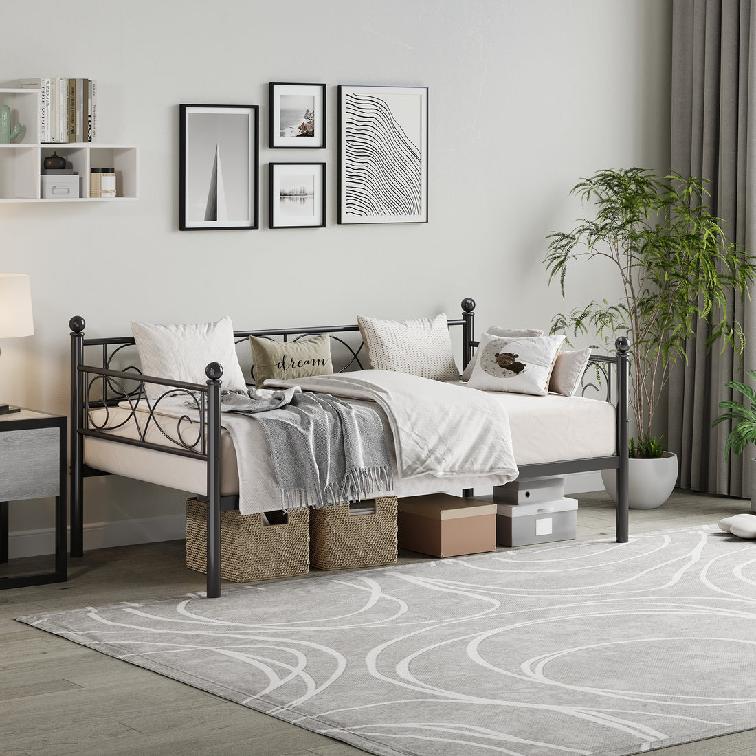 Garvee Twin Size Daybed Frame, Metal Daybed with Floral Headboard, Heavy Duty Steel Slats Supports, Modern Twin Bed Frame for Living Room, Guest Room, Black