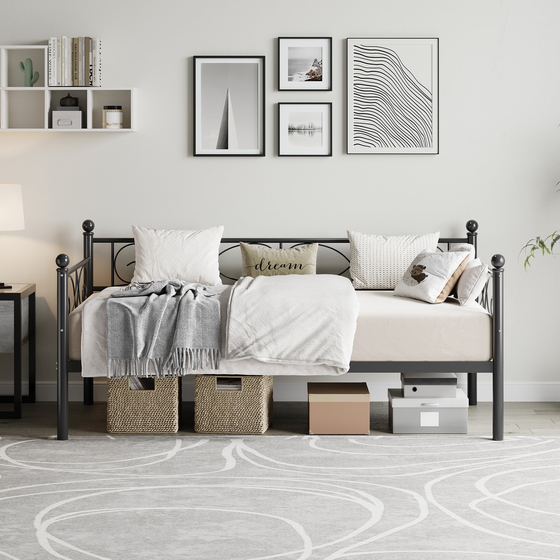 Garvee Twin Size Daybed Frame, Metal Daybed with Floral Headboard, Heavy Duty Steel Slats Supports, Modern Twin Bed Frame for Living Room, Guest Room, Black