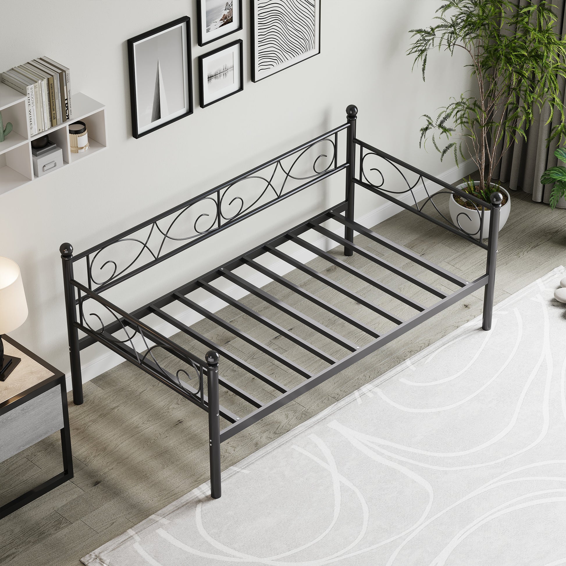 Garvee Twin Size Daybed Frame, Metal Daybed with Floral Headboard, Heavy Duty Steel Slats Supports, Modern Twin Bed Frame for Living Room, Guest Room, Black