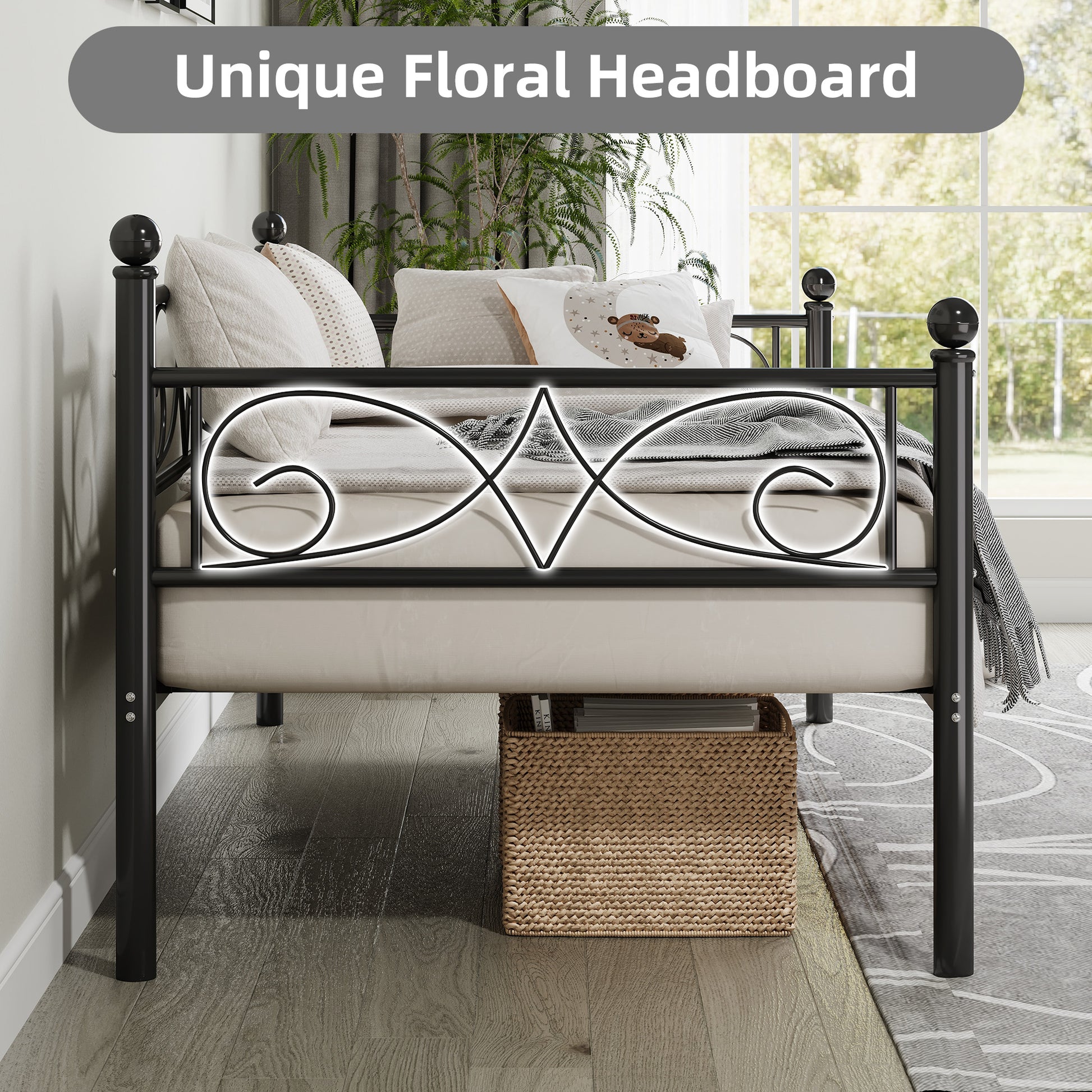 Garvee Twin Size Daybed Frame, Metal Daybed with Floral Headboard, Heavy Duty Steel Slats Supports, Modern Twin Bed Frame for Living Room, Guest Room, Black