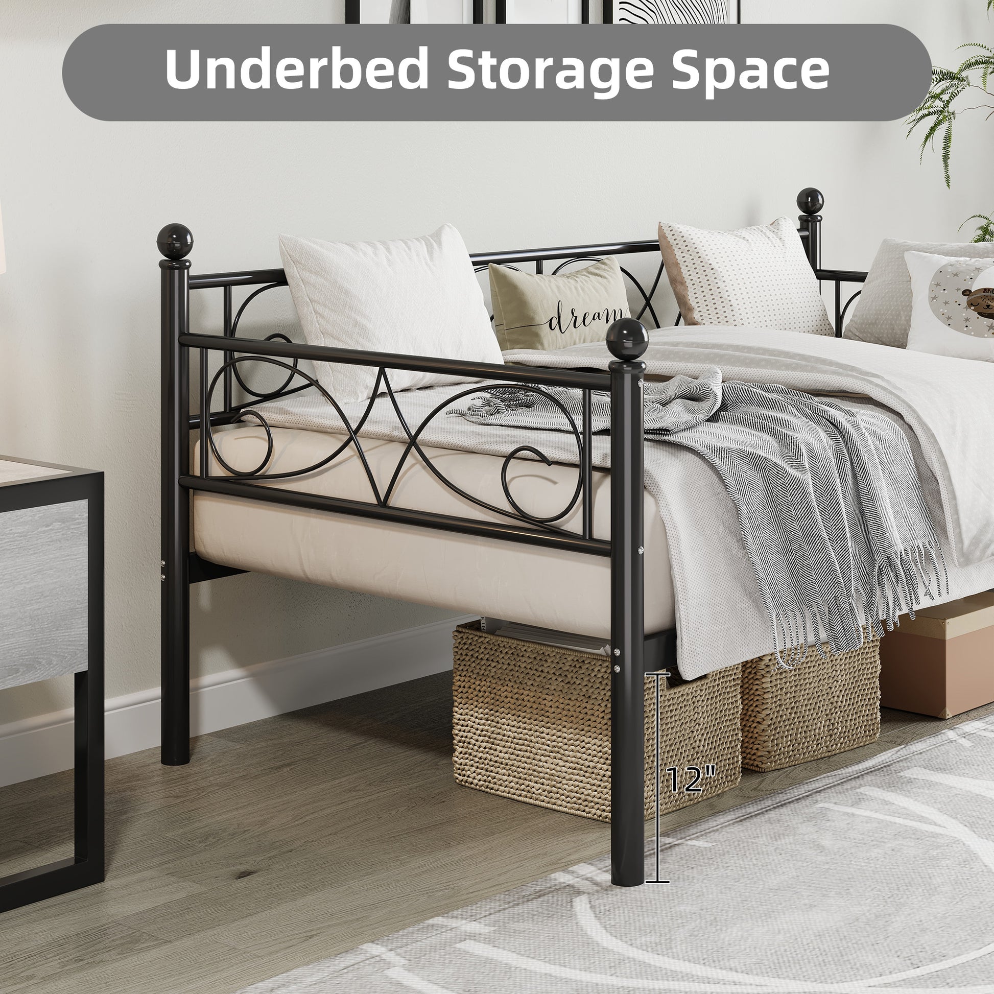 Garvee Twin Size Daybed Frame, Metal Daybed with Floral Headboard, Heavy Duty Steel Slats Supports, Modern Twin Bed Frame for Living Room, Guest Room, Black