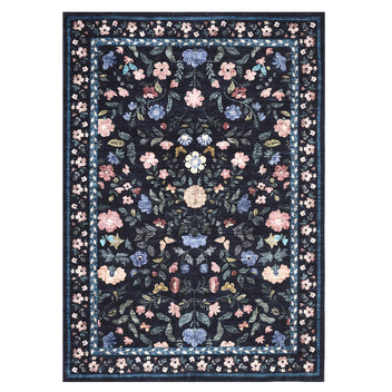 Garvee Washable Rug 6x9 Low Pile Farmhouse Floral Rug Non-Shedding Indoor Foldable Carpet Dark Blue