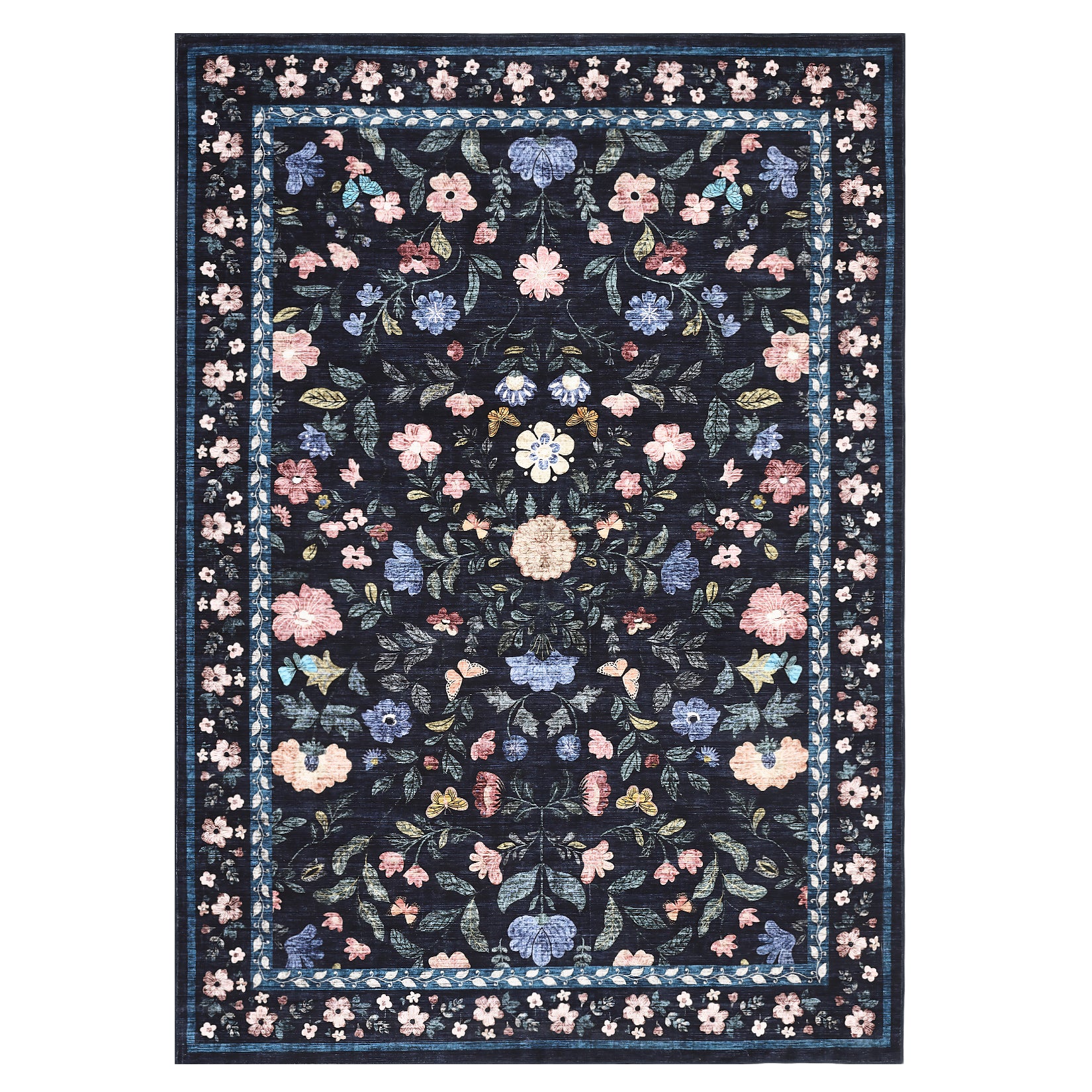 Garvee Floral Washable Rug 4x6 Non-Slip Low Pile Botanical Carpet Vintage Farmhouse Area Rug Dark Blue