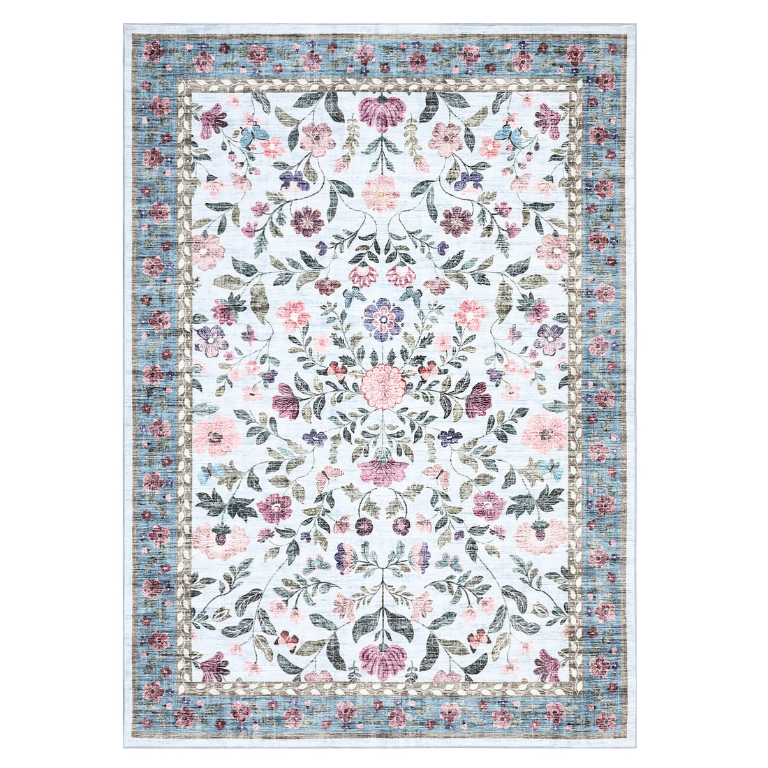 Garvee 5x7 Washable Non-Slip Rug Vintage Floral Area Rug for Living Room Nursery Playroom Light Blue