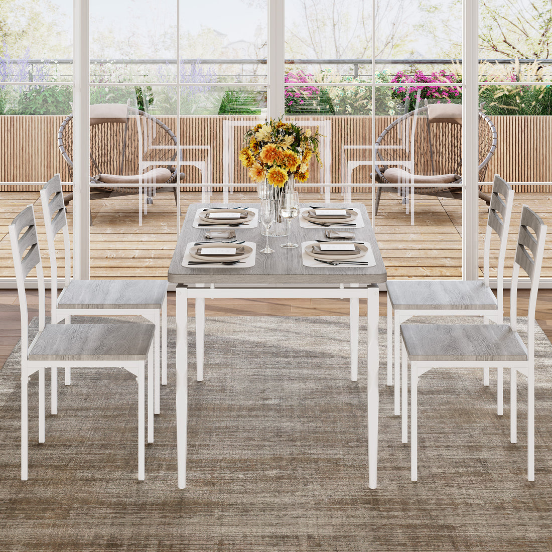 Garvee 5 Piece Industrial Dining Table and Chair Set with Spiral-Patterned Legs for Kitchen and Dining Room, Grey