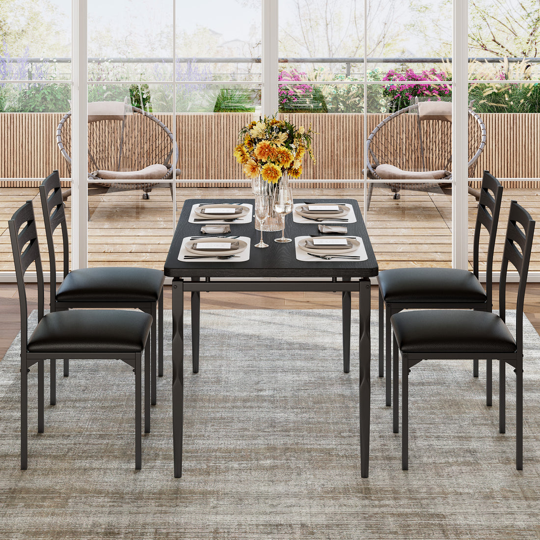 Garvee 5 Piece Industrial Dining Table and Chair Set with Spiral-Patterned Legs for Kitchen and Dining Room, Black