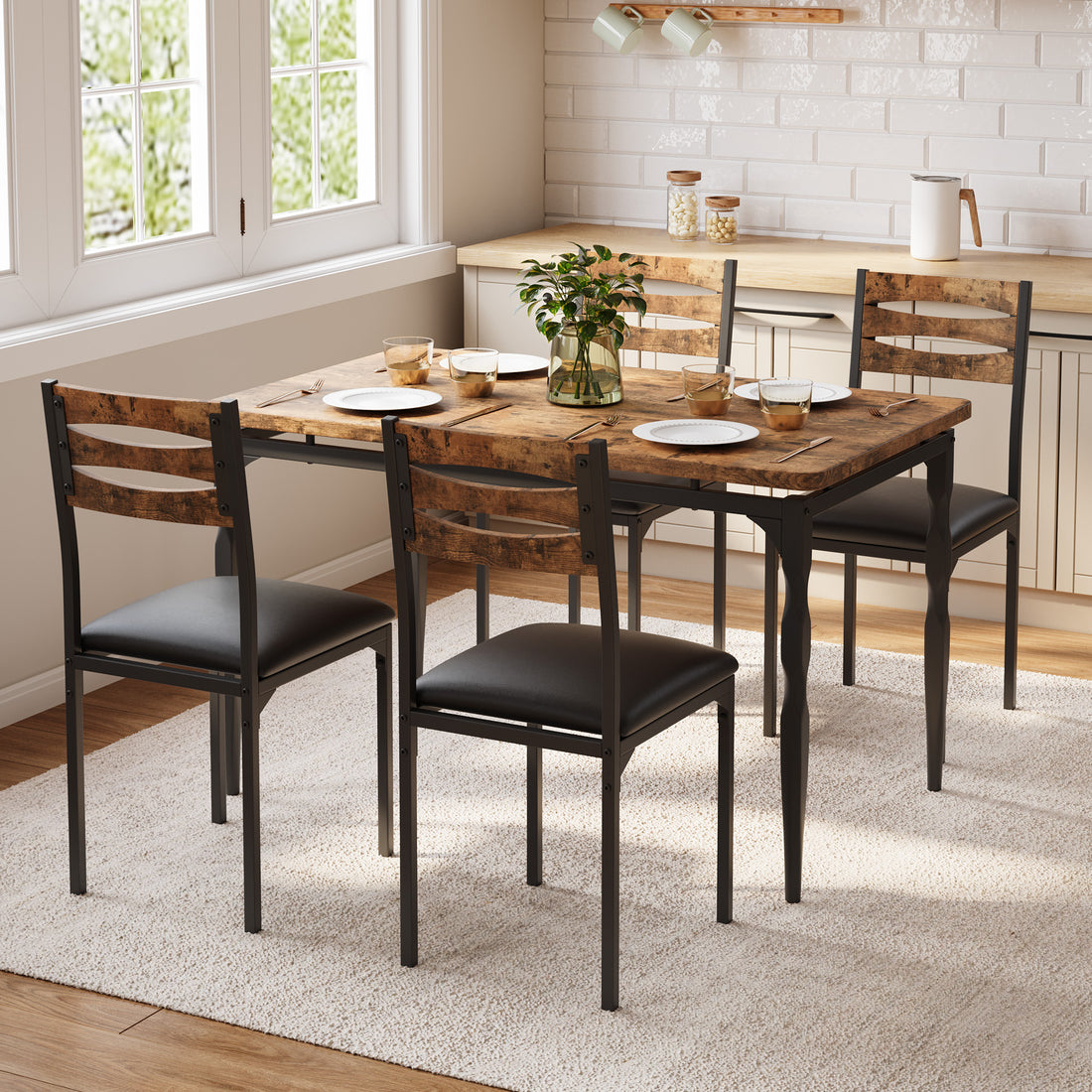 Garvee 5 Piece Industrial Dining Table and Chair Set with Spiral-Patterned Legs for Kitchen and Dining Room, Brown & Black