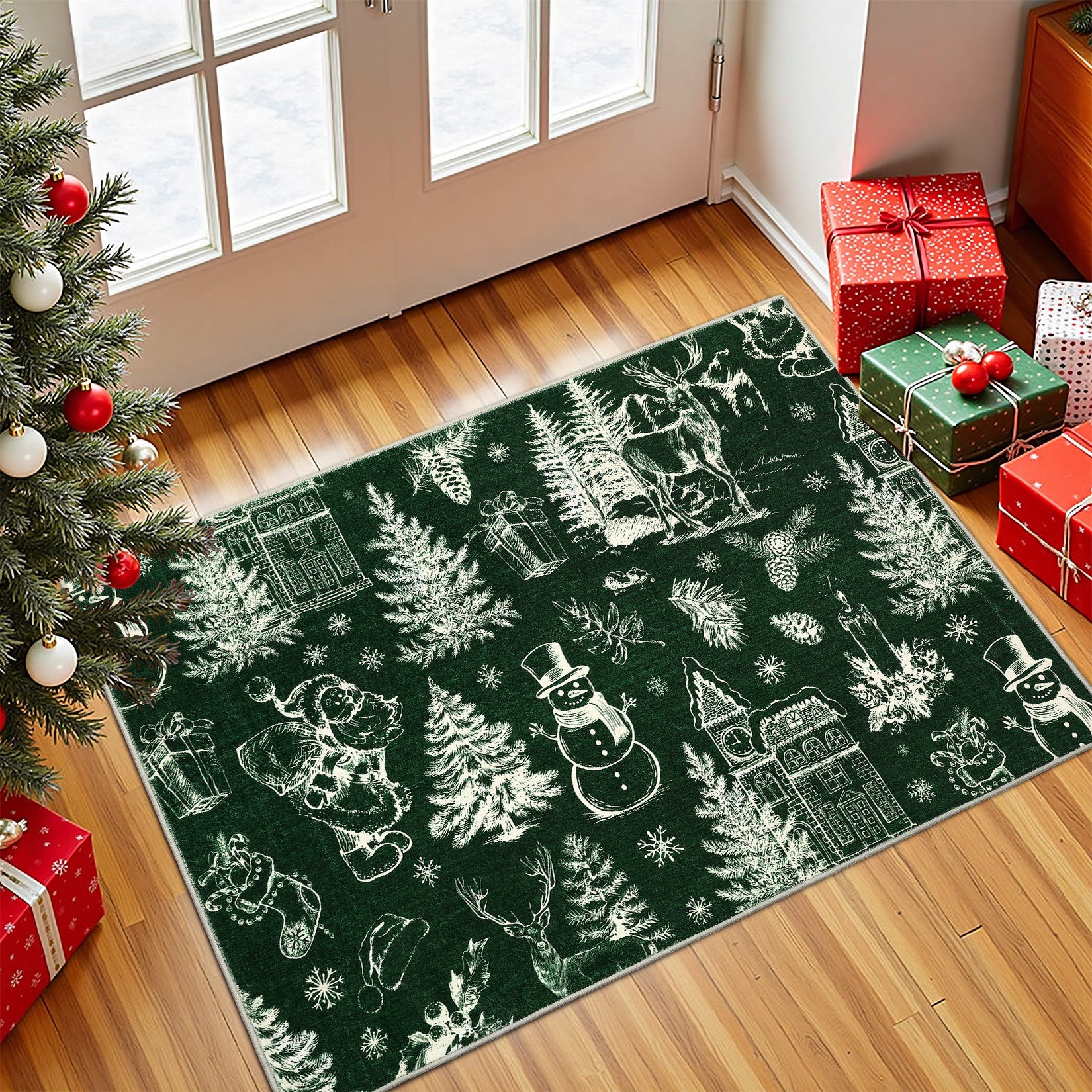 Garvee Christmas Rug Thin Washable Rug with Non Slip Rubber Backing, Low Pile Soft Indoor Carpet, Non Shedding Foldable Printed Floor Mats for Living Room Nursery Bedroom