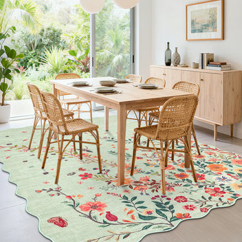 Garvee Floral Washable Scalloped Rugs for Living Room 5x7 Green Area Rugs with Non Slip Backing