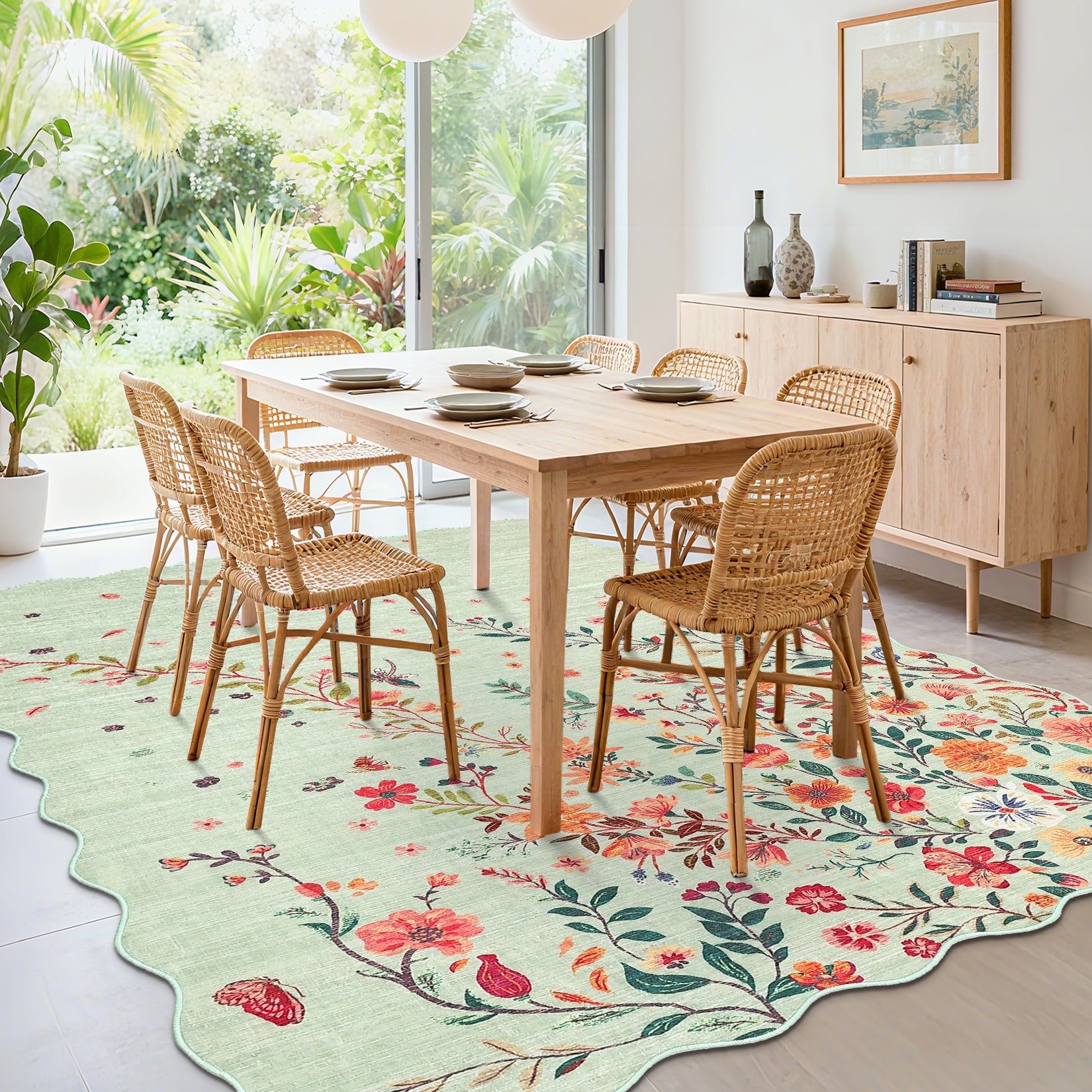 Garvee Floral Washable Scalloped Rugs for Living Room 5x7 Green Area Rugs with Non Slip Backing